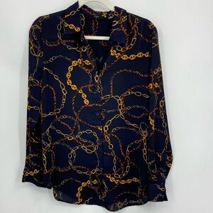 Elie Tahari Womens Chain Printed Button Up Blouse Top navy gold Size M